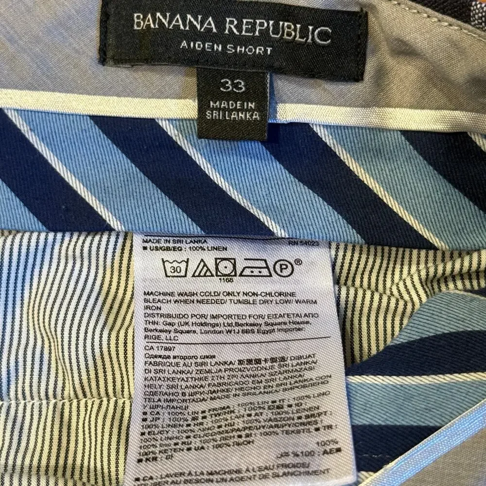 Banana Republic Aiden Shorts Mens 33 Blue Windowpane Plaid 100% Linen Slim Fit